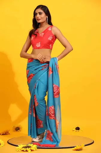 Silk Land  Blue  Printed Soft Silk Blend Saree 