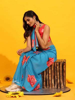 Silk Land  Blue  Printed Soft Silk Blend Saree  5