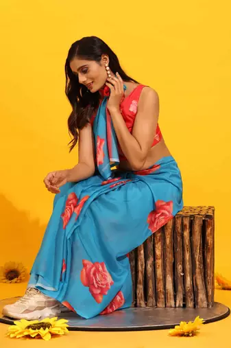 Silk Land  Blue  Printed Soft Silk Blend Saree 