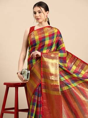 Silk Land  Multicolored  Colorblock Kanjeevaram Silk Blend Saree  1