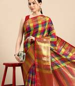 Silk Land  Multicolored  Colorblock Kanjeevaram Silk Blend Saree 