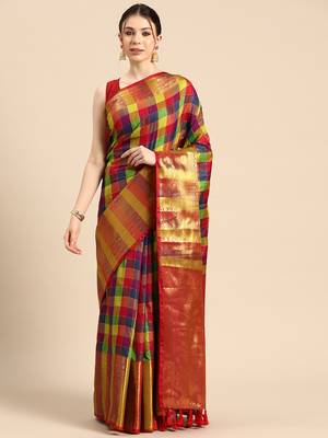 Silk Land  Multicolored  Colorblock Kanjeevaram Silk Blend Saree  2