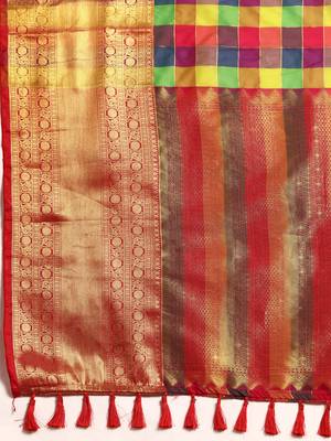 Silk Land  Multicolored  Colorblock Kanjeevaram Silk Blend Saree  5