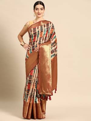 Silk Land  Beige  Digital Printed Art Silk Saree  1