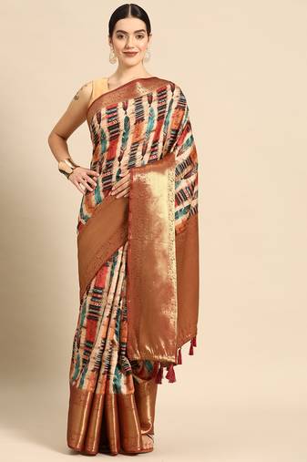Silk Land  Beige  Digital Printed Art Silk Saree 