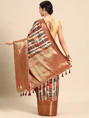 Silk Land  Beige  Digital Printed Art Silk Saree  2