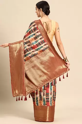 Silk Land  Beige  Digital Printed Art Silk Saree 