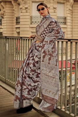 Brown Orgazna Chickankari Zari Lucknowi Handloom Weaving Saree With Blouse For Women 1