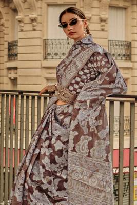 Brown Orgazna Chickankari Zari Lucknowi Handloom Weaving Saree With Blouse For Women 3