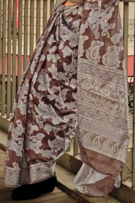 Brown Orgazna Chickankari Zari Lucknowi Handloom Weaving Saree With Blouse For Women 4