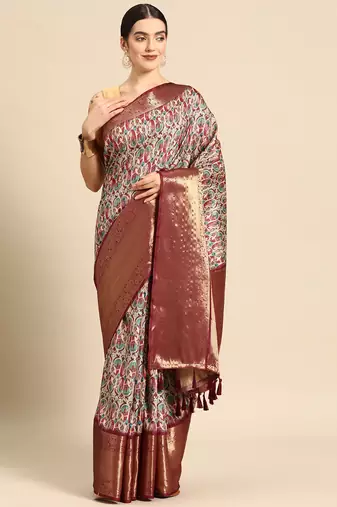 Silk Land  Off White  Digital Printed Art Silk Saree 