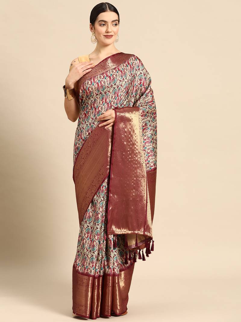 Silk Land  Off White  Digital Printed Art Silk Saree 