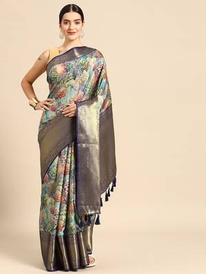 Silk Land  Blue  Digital Printed Art Silk Saree  1