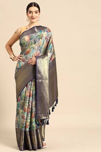 Silk Land  Blue  Digital Printed Art Silk Saree 