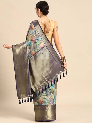 Silk Land  Blue  Digital Printed Art Silk Saree  2