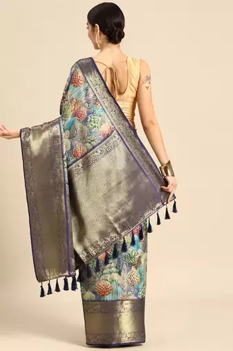 Silk Land  Blue  Digital Printed Art Silk Saree 
