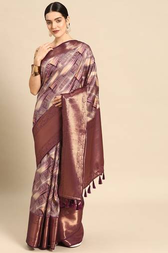 Silk Land  Beige  Digital Printed Art Silk Saree 