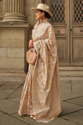 Beige Orgazna Chickankari Zari Lucknowi Handloom Weaving Saree With Blouse For Women 3