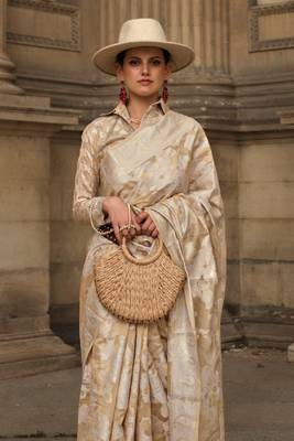 Beige Orgazna Chickankari Zari Lucknowi Handloom Weaving Saree With Blouse For Women 4