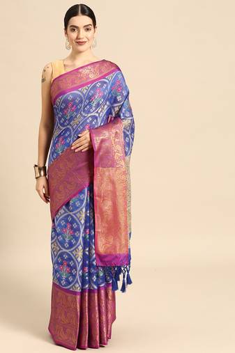 Silk Land  Royal Blue  Floral Art Silk Saree 
