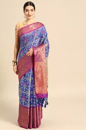 Silk Land  Royal Blue  Floral Art Silk Saree 