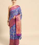 Silk Land  Royal Blue  Floral Art Silk Saree 