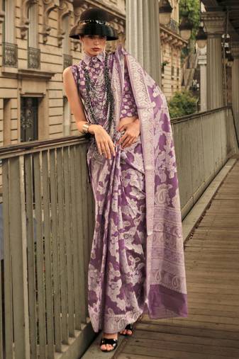 Purple Orgazna Chickankari Zari Lucknowi Handloom Weaving Saree With Blouse For Women