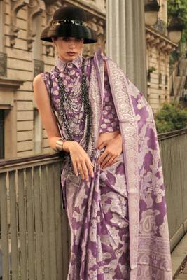 Purple Orgazna Chickankari Zari Lucknowi Handloom Weaving Saree With Blouse For Women 2
