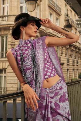Purple Orgazna Chickankari Zari Lucknowi Handloom Weaving Saree With Blouse For Women 3