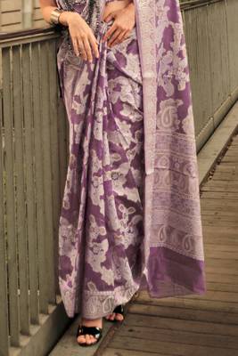 Purple Orgazna Chickankari Zari Lucknowi Handloom Weaving Saree With Blouse For Women 4