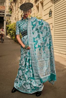  Blue Orgazna Chickankari Zari Lucknowi Handloom Weaving Saree With Blouse For Women 1