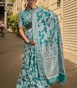  Blue Orgazna Chickankari Zari Lucknowi Handloom Weaving Saree With Blouse For Women