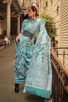  Blue Orgazna Chickankari Zari Lucknowi Handloom Weaving Saree With Blouse For Women 2
