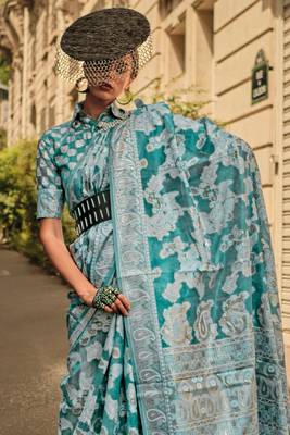  Blue Orgazna Chickankari Zari Lucknowi Handloom Weaving Saree With Blouse For Women 3