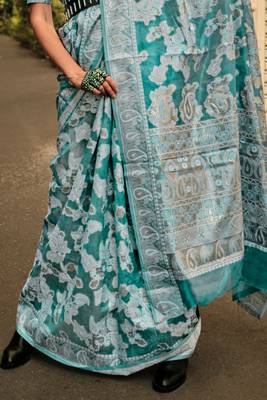  Blue Orgazna Chickankari Zari Lucknowi Handloom Weaving Saree With Blouse For Women 4