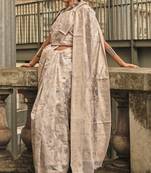 Beige Orgazna Chickankari Zari Lucknowi Handloom Weaving Saree With Blouse For Women