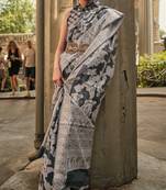 BLACK ORGAZNA CHICKANKARI ZARI LUCKNOWI HANDLOOM WEAVING SAREE WITH BLOUSE FOR WOMEN