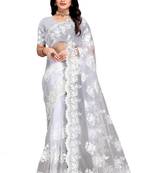 White resham moti stone embroidery net saree with blouse