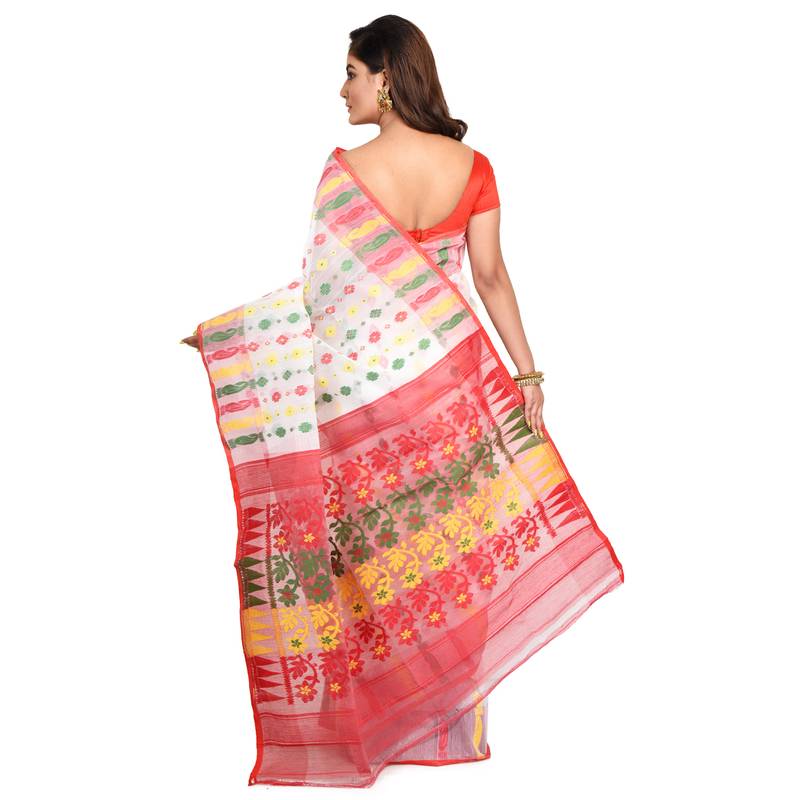 WHITE-MULTI HANDWOVEN SILK COTTON JAMDANI WORK TRADITIONAL SAREE