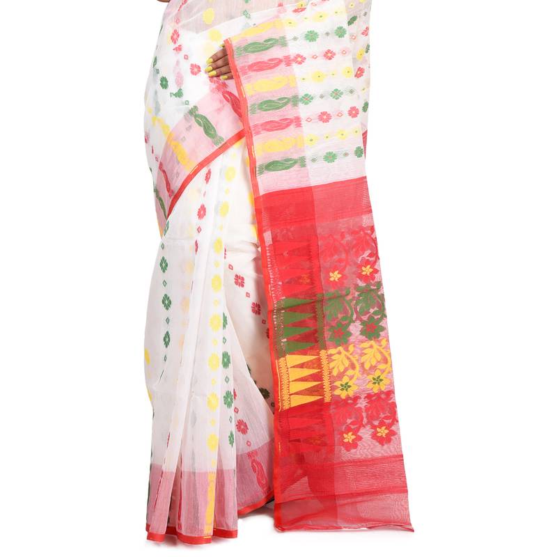 WHITE-MULTI HANDWOVEN SILK COTTON JAMDANI WORK TRADITIONAL SAREE