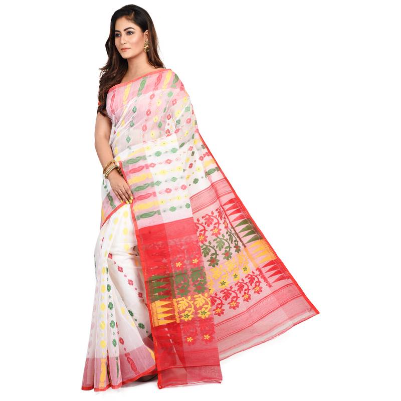 WHITE-MULTI HANDWOVEN SILK COTTON JAMDANI WORK TRADITIONAL SAREE