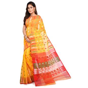 YELLOW HANDWOVEN SILK COTTON JAMDANI WORK TRADITIONAL SAREE 1