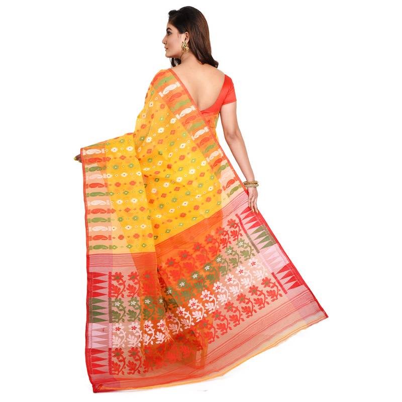 YELLOW HANDWOVEN SILK COTTON JAMDANI WORK TRADITIONAL SAREE