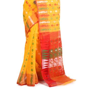 YELLOW HANDWOVEN SILK COTTON JAMDANI WORK TRADITIONAL SAREE 3