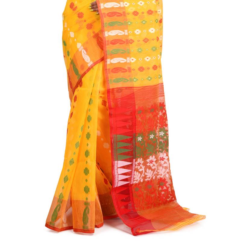 YELLOW HANDWOVEN SILK COTTON JAMDANI WORK TRADITIONAL SAREE