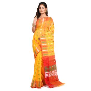 YELLOW HANDWOVEN SILK COTTON JAMDANI WORK TRADITIONAL SAREE 4