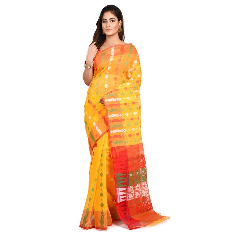 YELLOW HANDWOVEN SILK COTTON JAMDANI WORK TRADITIONAL SAREE