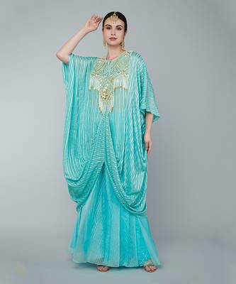 Turquoise embellished kaftan set 1