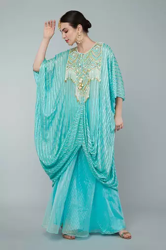 Turquoise embellished kaftan set