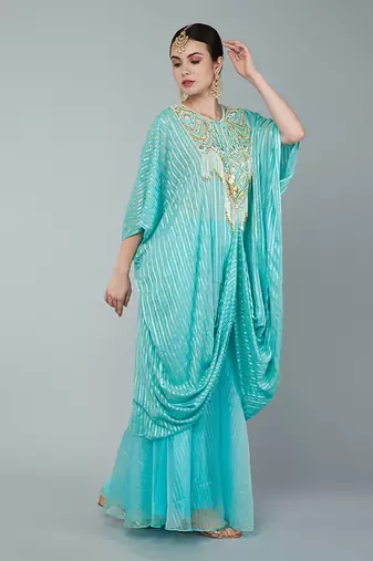 Turquoise embellished kaftan set